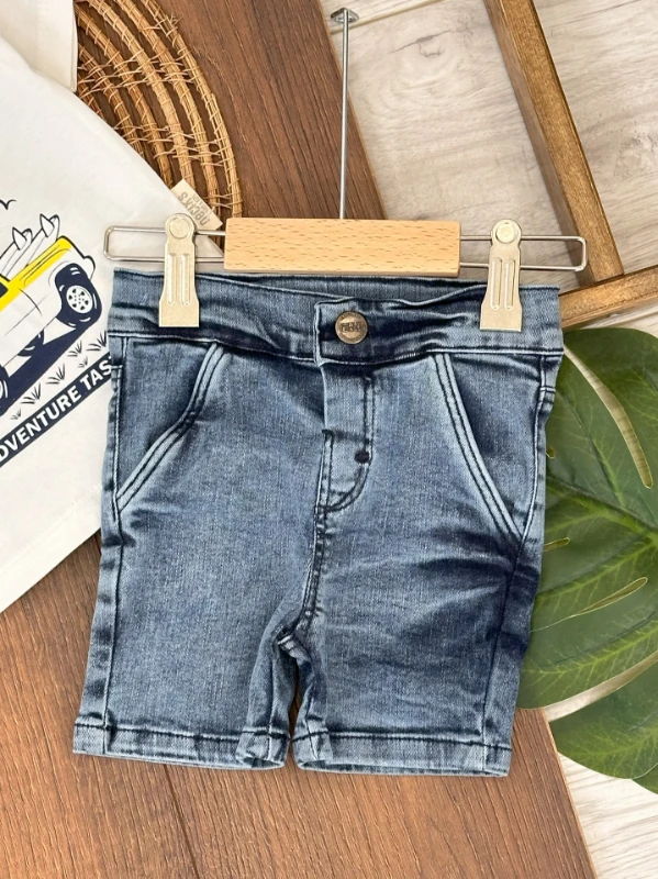 Adventure Likralı Kot Short Omuzdan Çıtçıtlı T-shirt Yazlık Erkek Bebek/Baby Takım