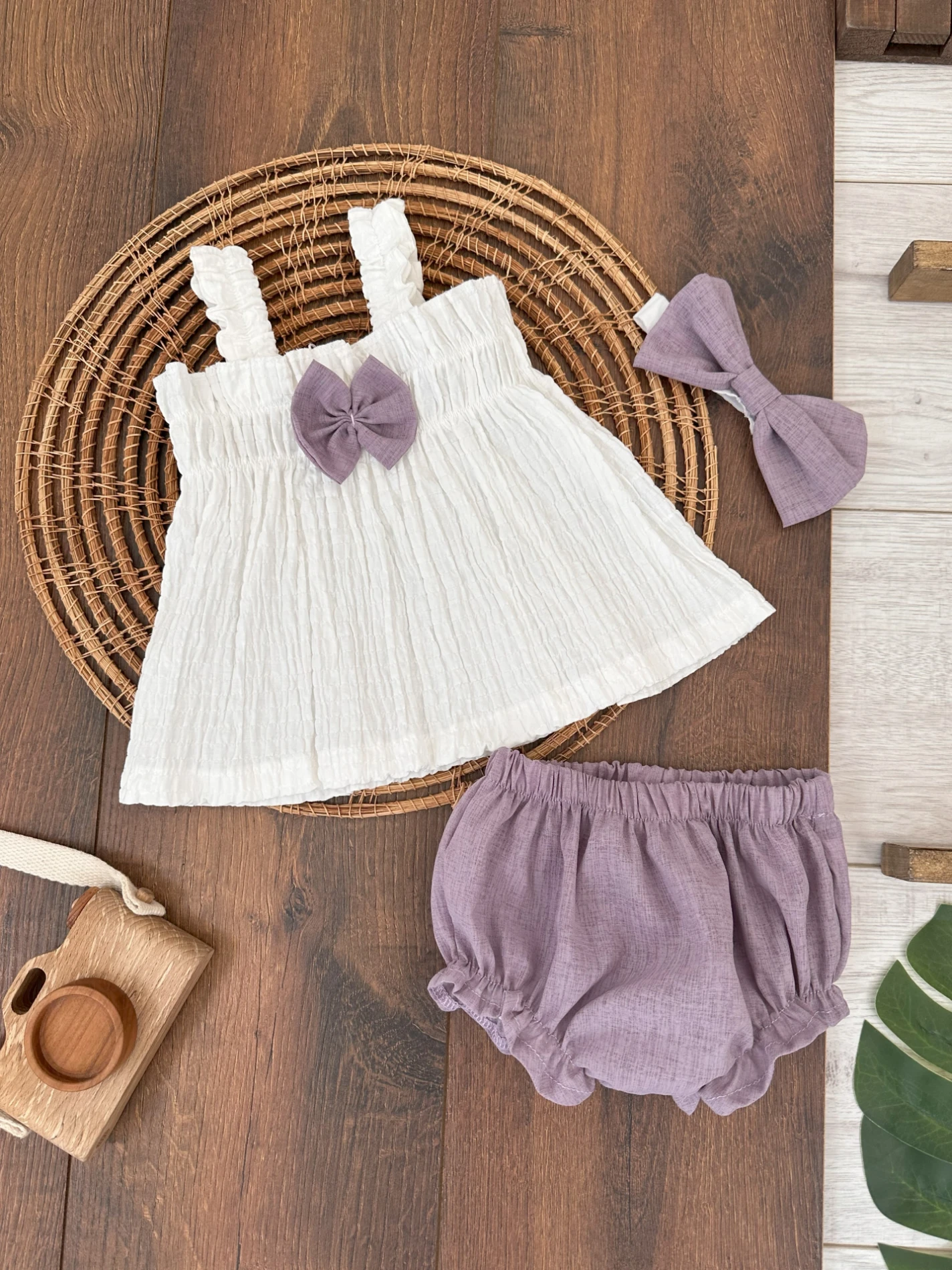 Fiyonk Detaylı Bandanalı Müslin Külot Şortlu Yazlık Kız Bebek Takım - MOR