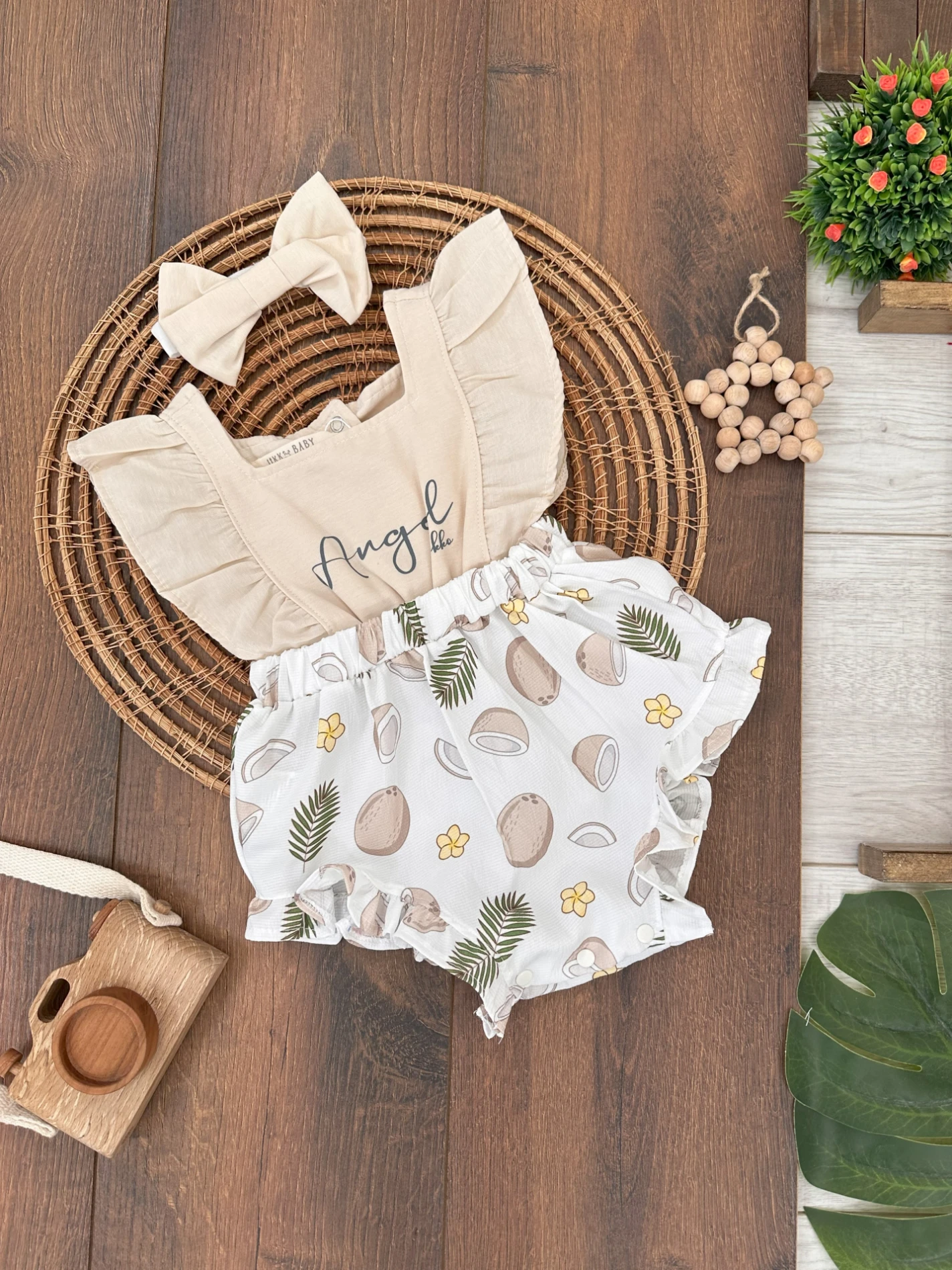 Meyveler Desenli Bandanalı Alttan Çıtçıtlı Romper Kız Bebek Takım - KREM