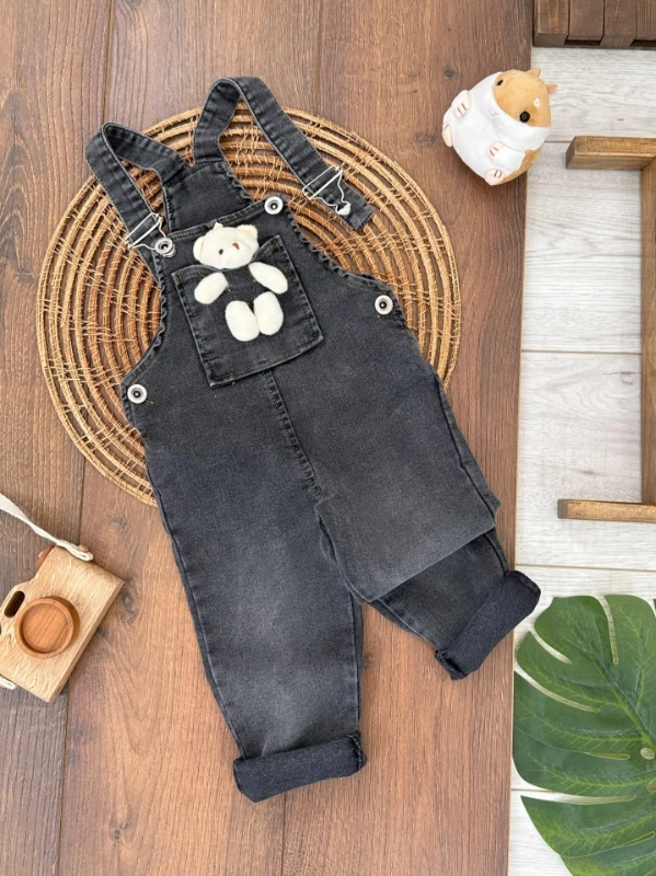 2-3-4-5 Yaş Likralı Ayıcık Oyuncaklı Unisex Kot Salopet Tulum