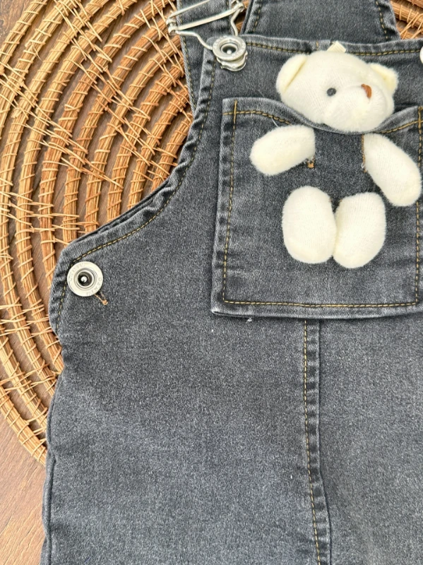 2-3-4-5 Yaş Likralı Ayıcık Oyuncaklı Unisex Kot Salopet Tulum