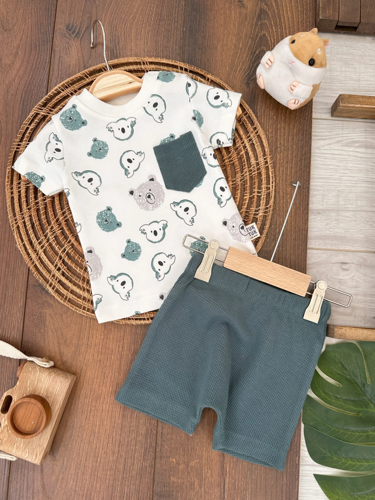 Ayıcık&Koala Baskılı Omuzdan Çıtçıtlı Waffle Şortlu Yazlık Erkek Bebek Takım - YEŞİL