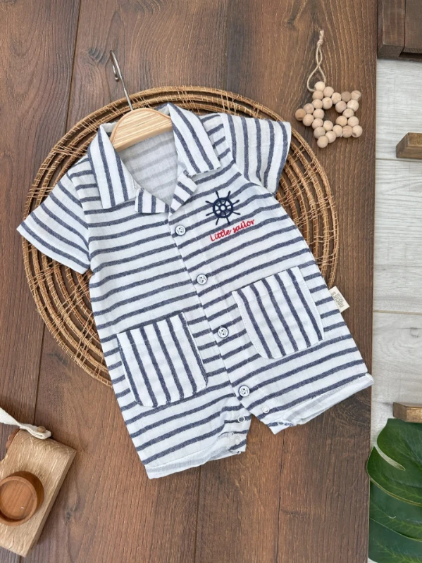 Müslin Dümen Nakışlı Düğmeli Alttan Çıtçıtlı Gemici Yazlık Erkek Bebek Tulum