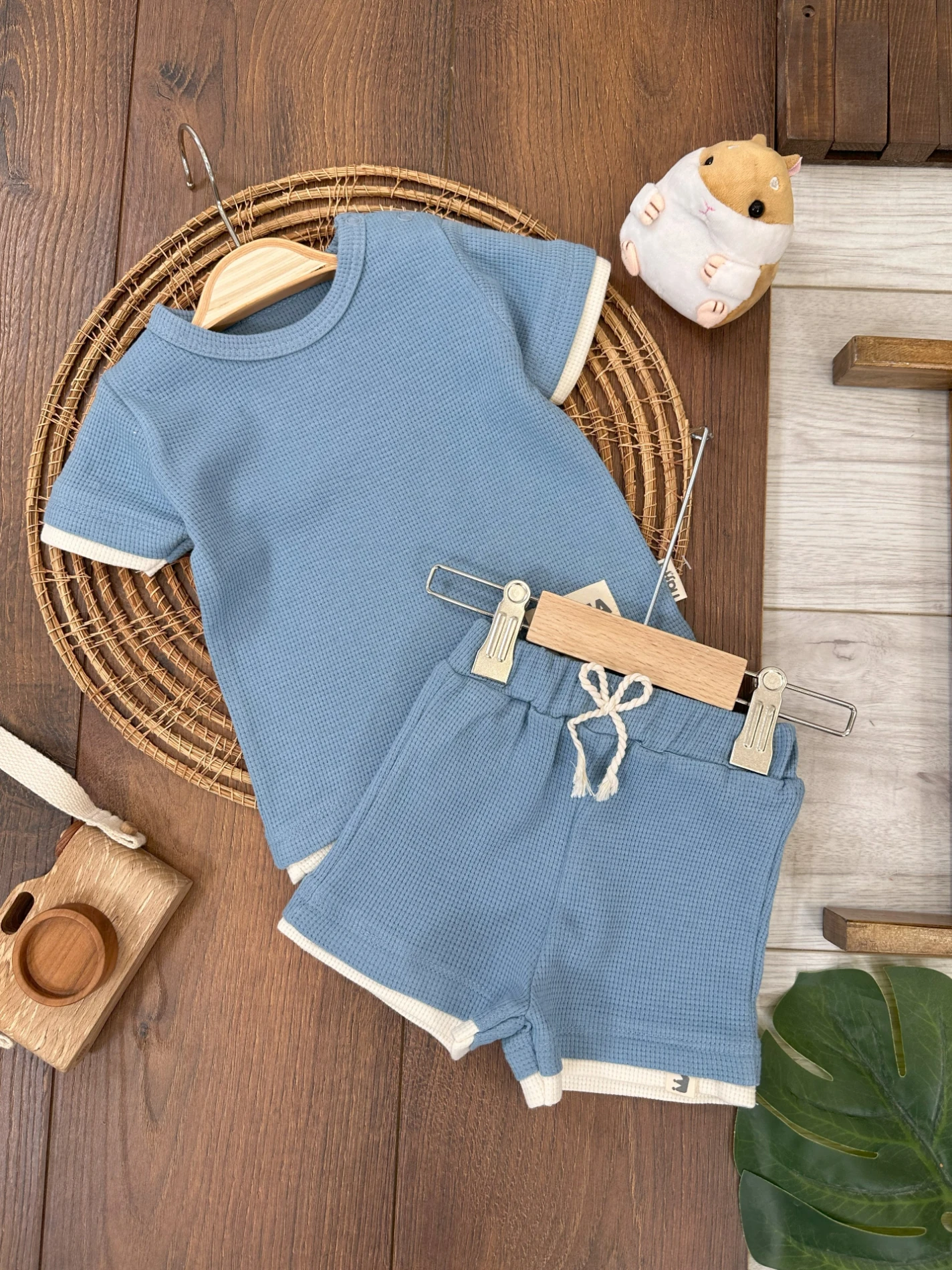 Waffel Kumaş Omuzdan Çıtçıtlı Yazlık Erkek Bebek Takım - MAVİ