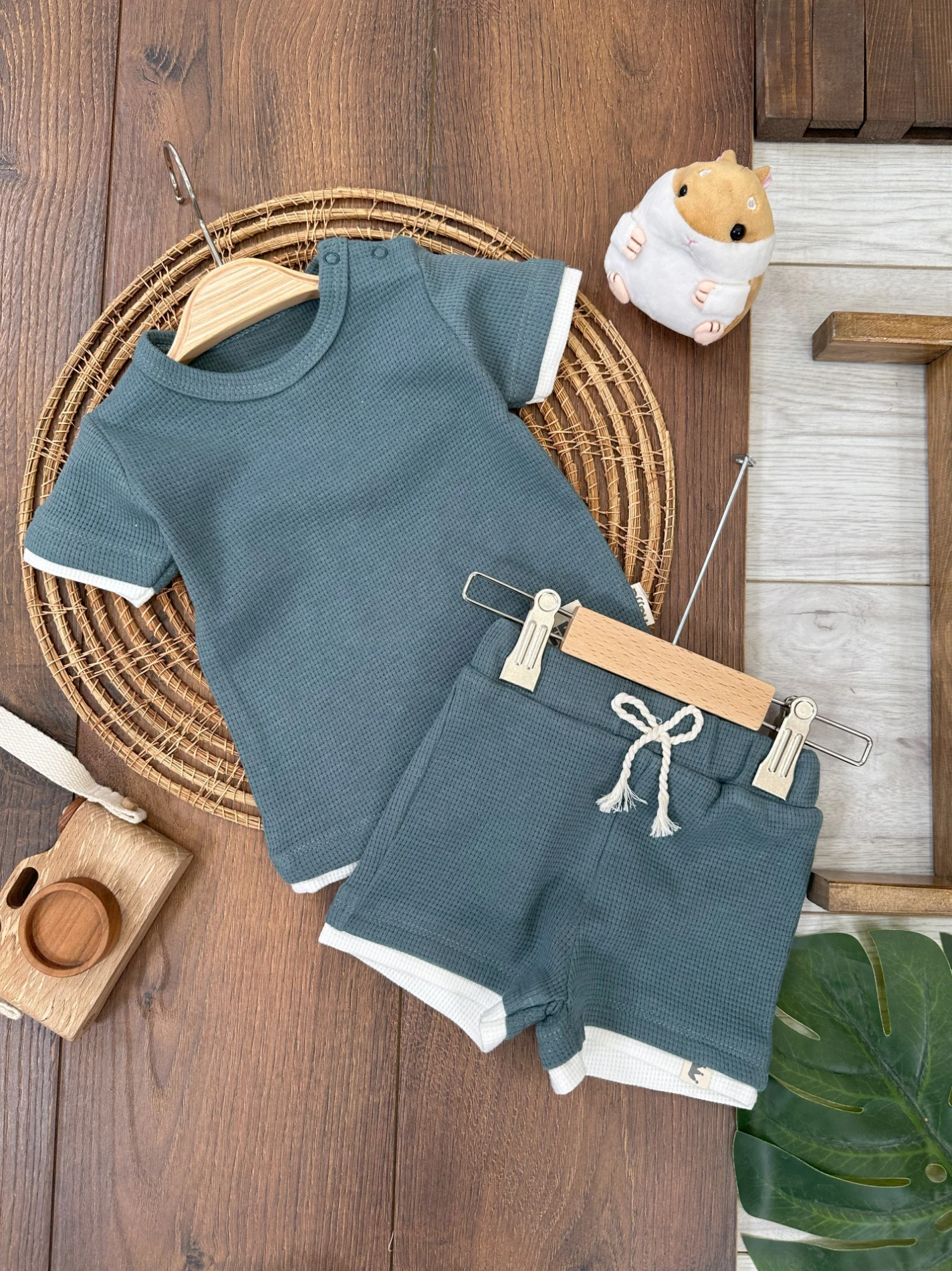 Waffel Kumaş Omuzdan Çıtçıtlı Yazlık Erkek Bebek Takım - YEŞİL