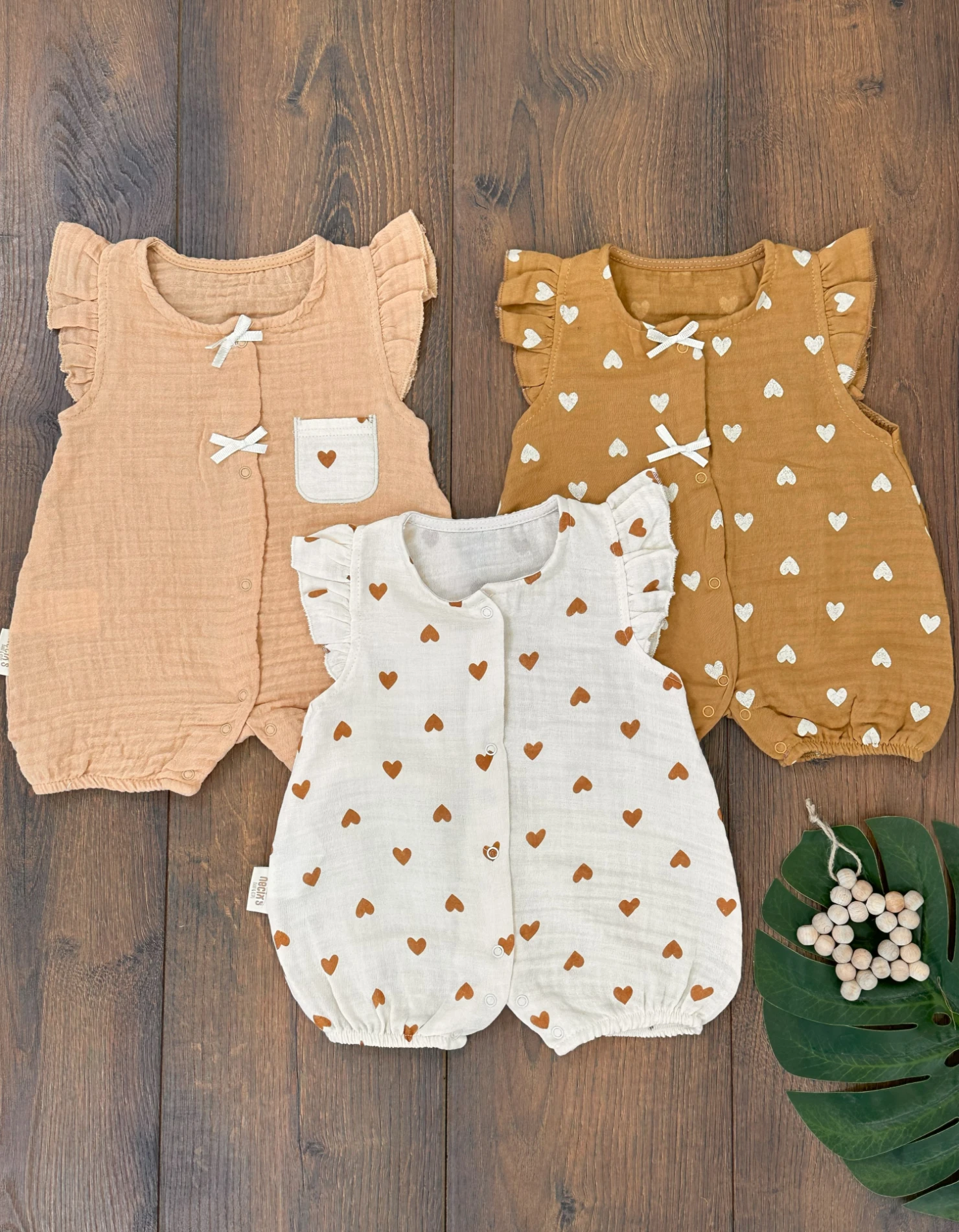 Müslin Kalp Serisi Çıtçıtlı Yazlık Kız Bebek 3lü Tulum Set