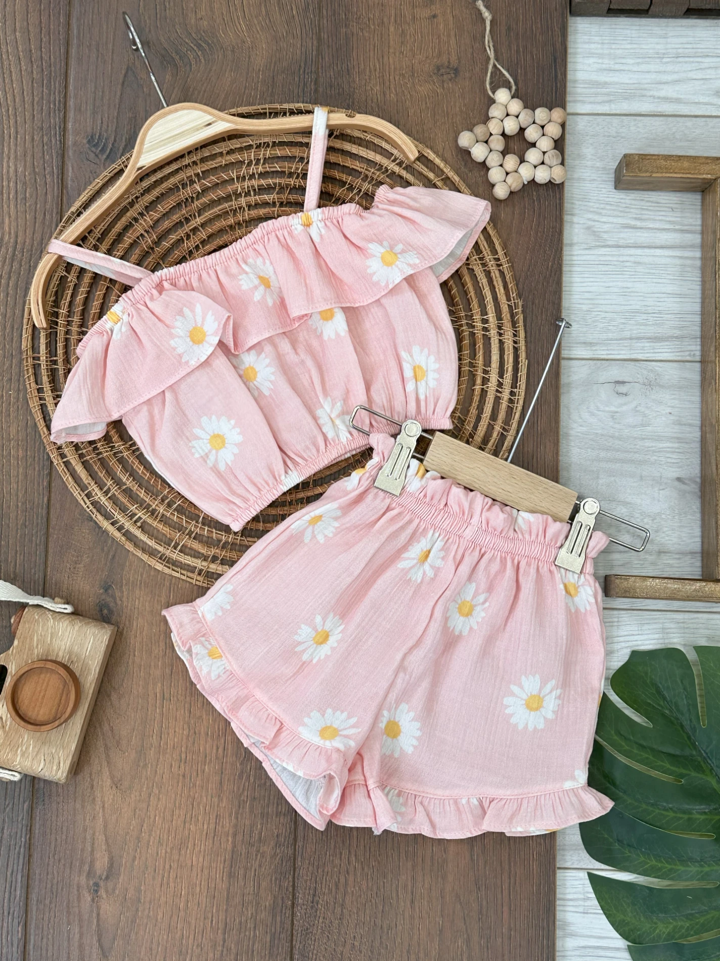 Müslin Papatya Desen İp Askılı Fırfırlı Yazlık Çocuk Takım - PEMBE