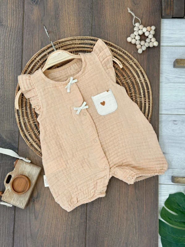 Müslin Kalp Serisi Çıtçıtlı Yazlık Kız Bebek 3lü Tulum Set