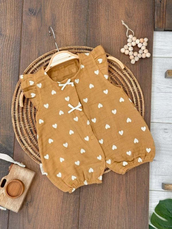 Müslin Kalp Serisi Çıtçıtlı Yazlık Kız Bebek 3lü Tulum Set
