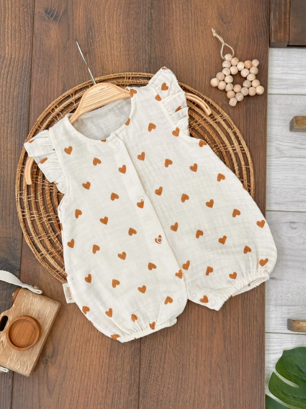 Müslin Kalp Serisi Çıtçıtlı Yazlık Kız Bebek 3lü Tulum Set