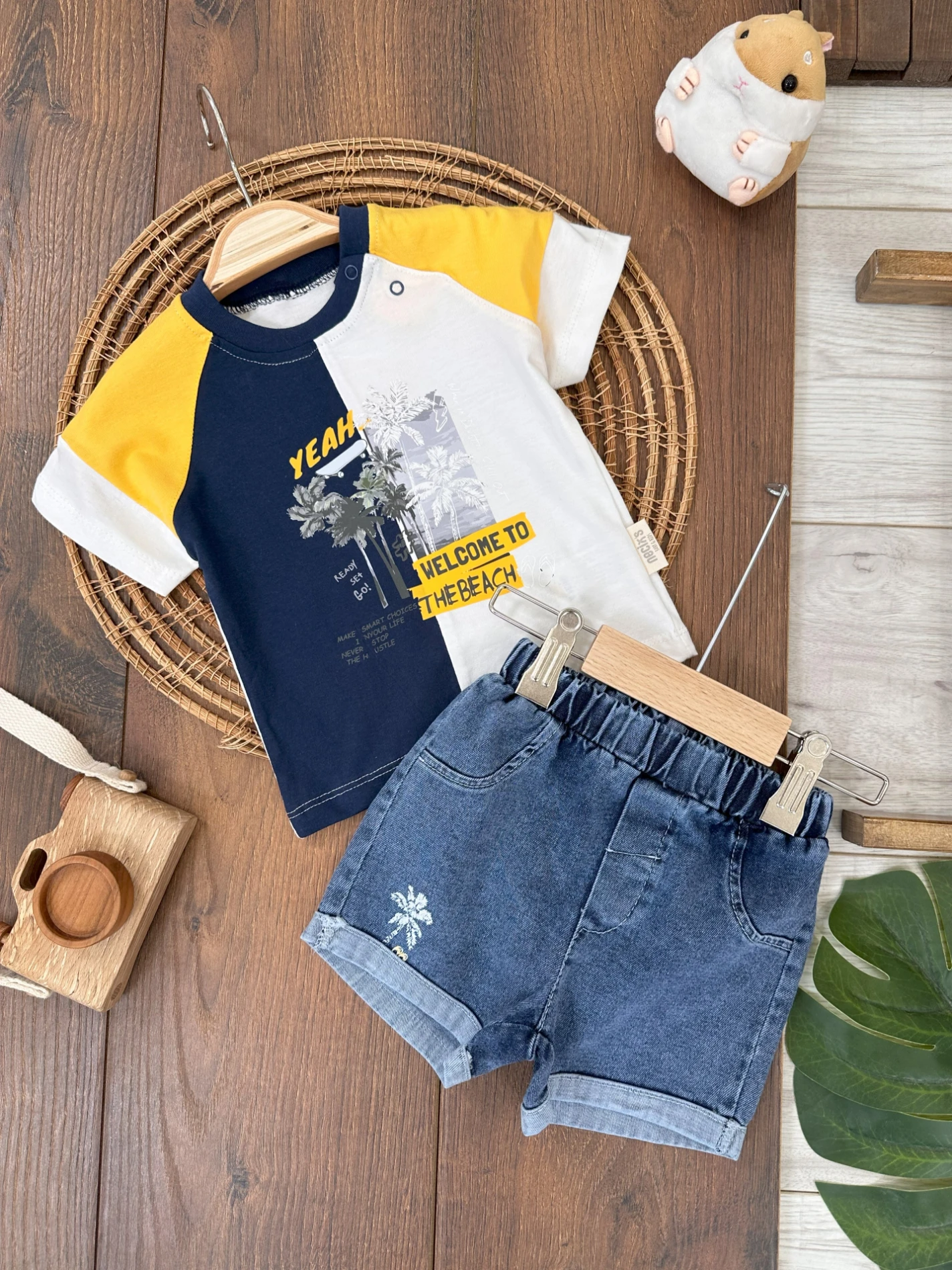 Hawaii Desen Omuzdan Çıtçıtlı Likralı Kot Şort Yazlık Erkek Bebek Takım - LACİVERT