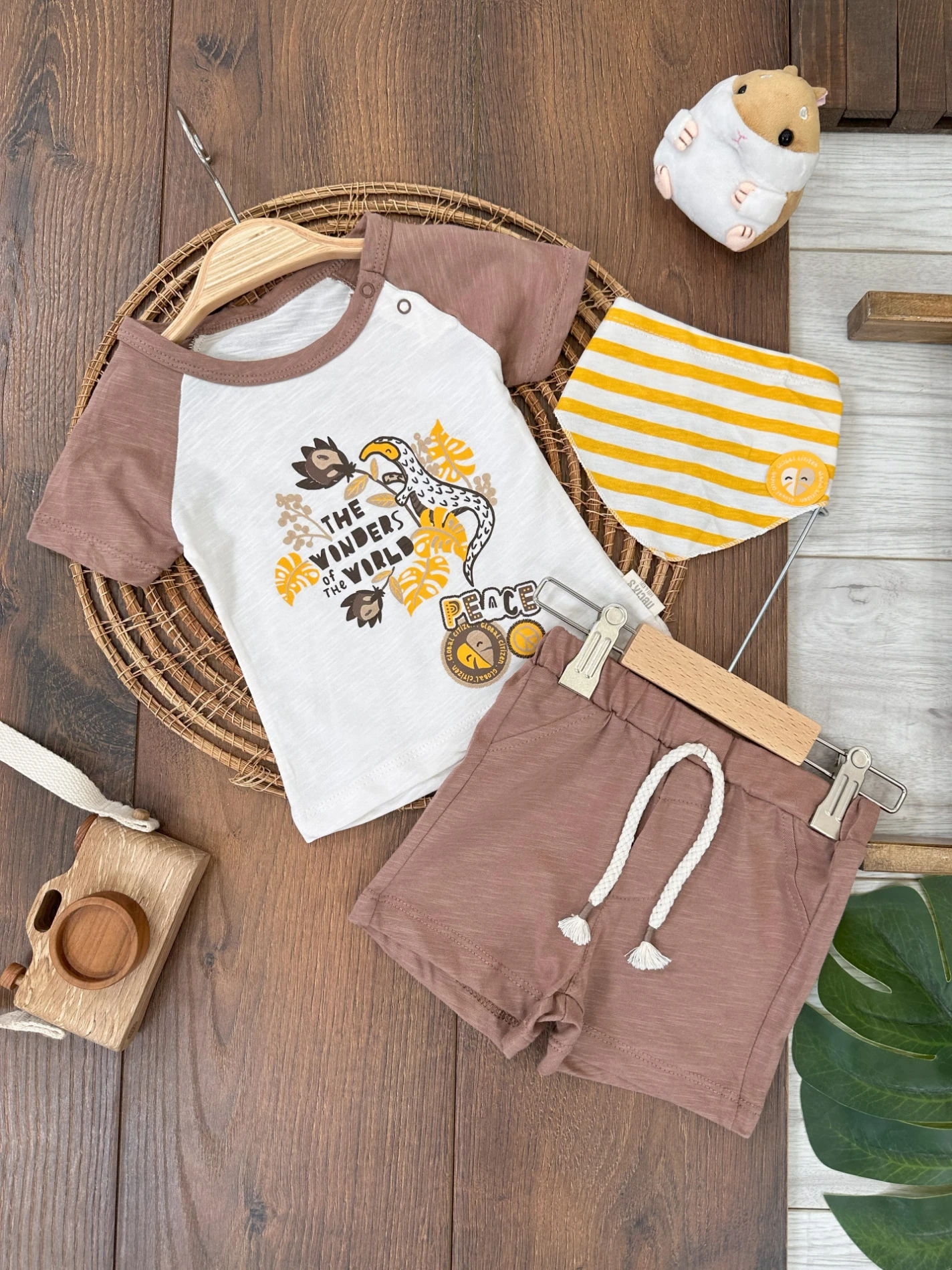 Animal Desen Önlüklü Omuzdan Çıtçıtlı Yazlık Erkek Bebek Takım