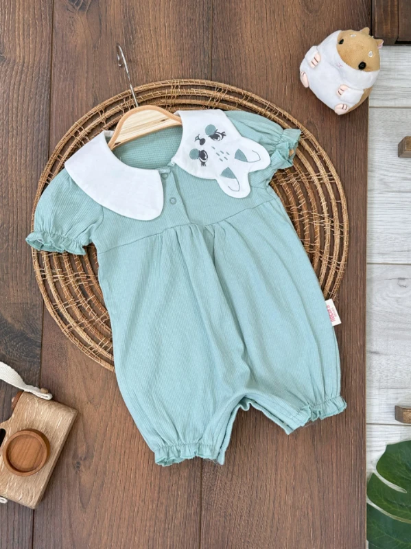 Bebe Yaka Tavşan Figürlü Alttan Çıtçıtlı Esnek Yazlık Kız Bebek Tulum