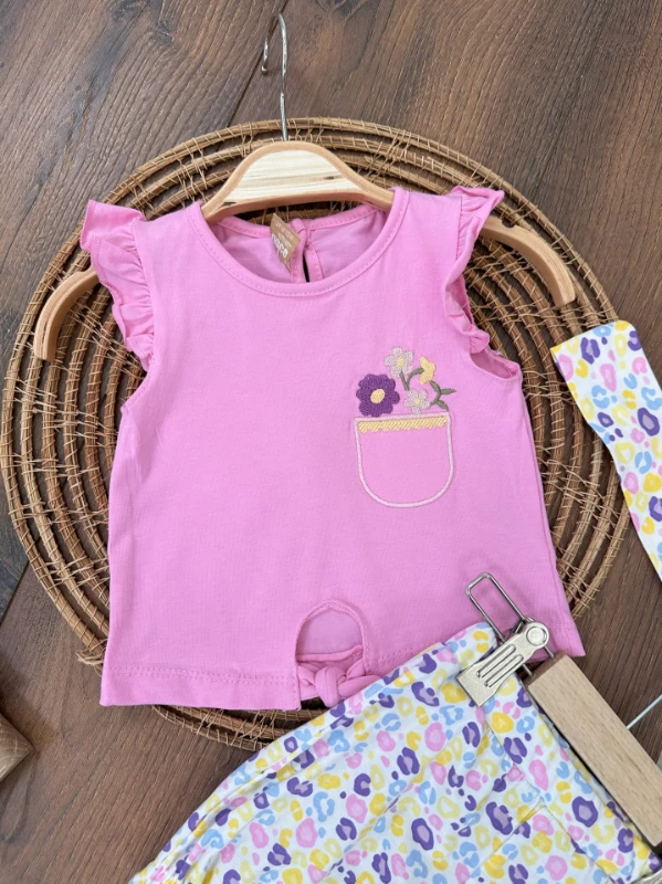 Çiçek Desen Nakışlı Bandanalı Yazlık Kız Bebek Takım