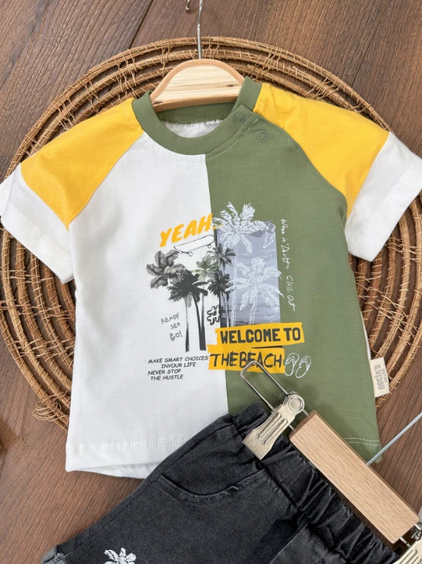 Hawaii Desen Omuzdan Çıtçıtlı Likralı Kot Şort Yazlık Erkek Bebek Takım