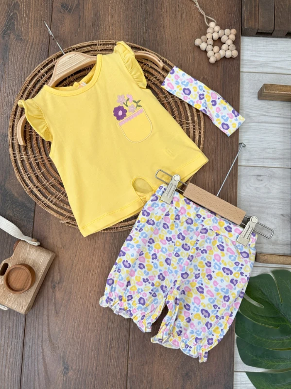 Çiçek Desen Nakışlı Bandanalı Yazlık Kız Bebek Takım