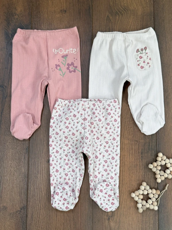 Yenidoğan Organik Pamuk Kız Bebek Pantolon 3lü Set