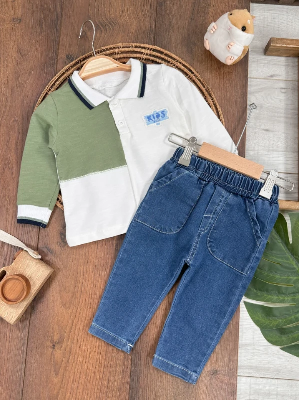 Polo Yaka Sweatshirt Likralı Kot Pantolon Erkek Bebek Takım