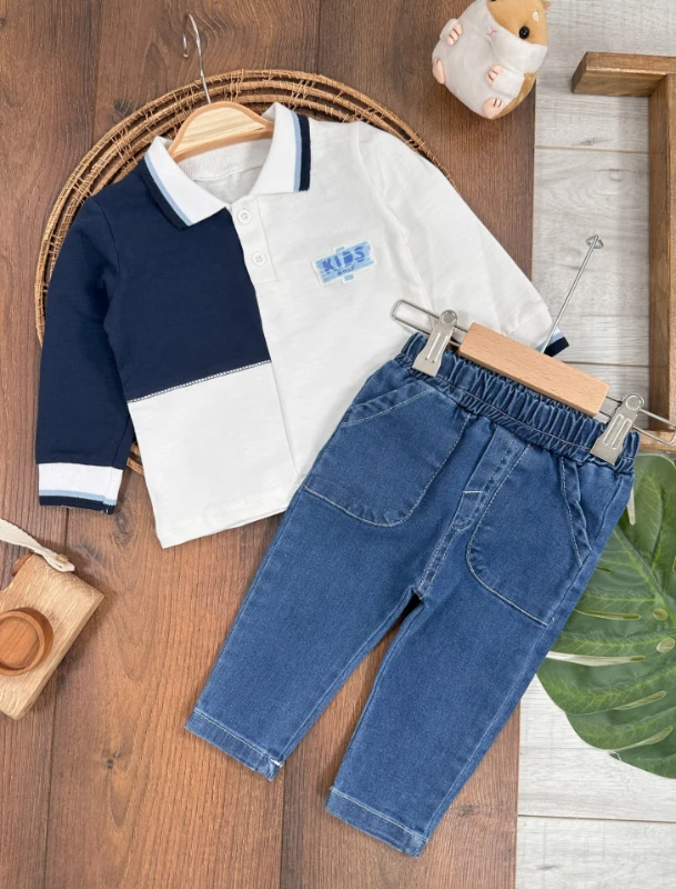 Polo Yaka Sweatshirt Likralı Kot Pantolon Erkek Bebek Takım