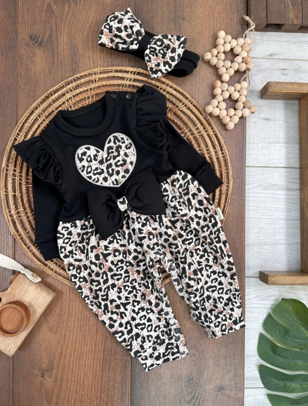 Leopar Desen Badanalı Kalp Detaylı Alttan Çıtçıtlı Kız Bebek Tulum