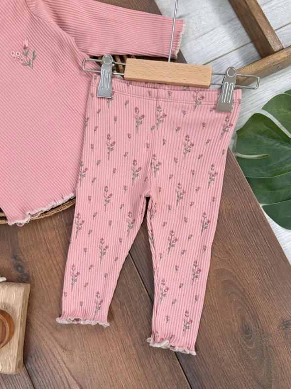 Kaşkorse Esnek Çiçek Desen Omuzdan Çıtçıtlı Mevsimlik Kız Bebek Alt/Üst 2li Takım