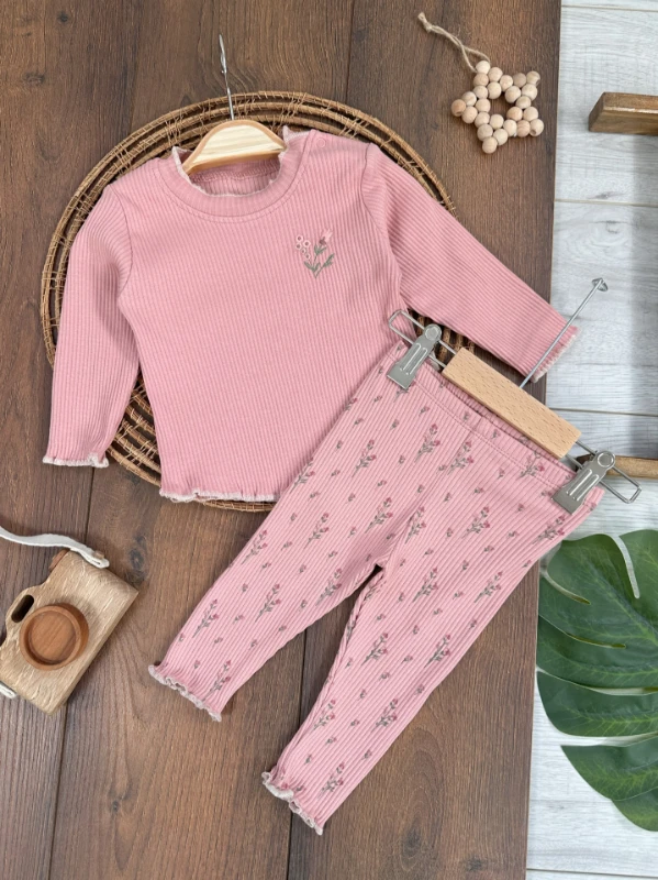 Kaşkorse Esnek Çiçek Desen Omuzdan Çıtçıtlı Mevsimlik Kız Bebek Alt/Üst 2li Takım