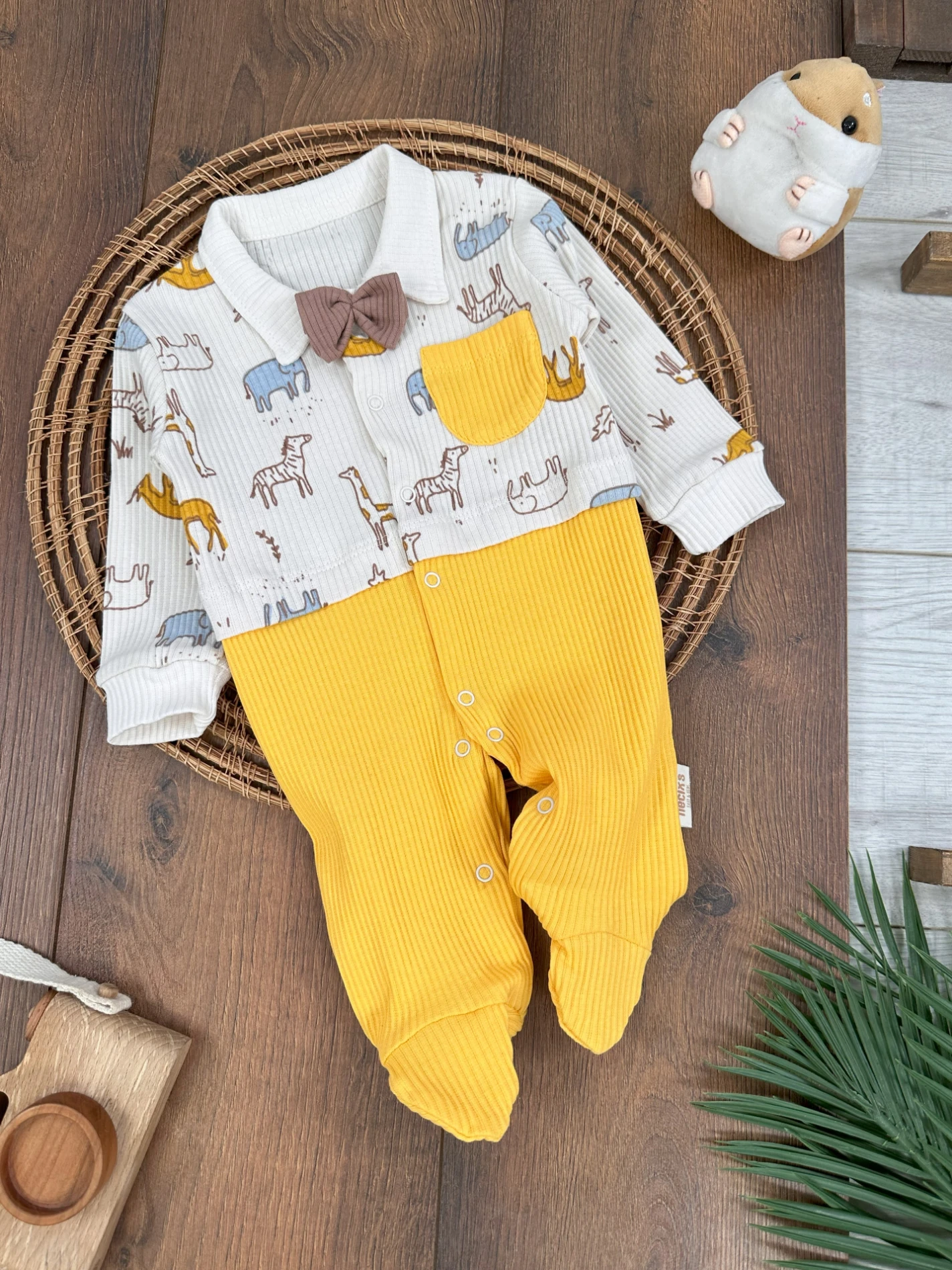 Safari Baskılı Papyonlu Çıtçıtlı Patikli Kaşkorse Esnek Erkek Bebek Tulum - SARI