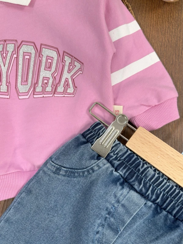 New York Polo Yaka Sweatshirt Likralı Kot Pantolon Kız Bebek Alt-Üst Takım