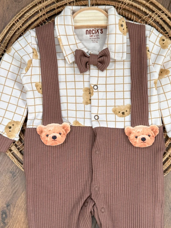Kaşkorse Esnek Papyonlu Ayıcık Figürlü Patikli Çıtçıtlı Erkek Bebek Tulum