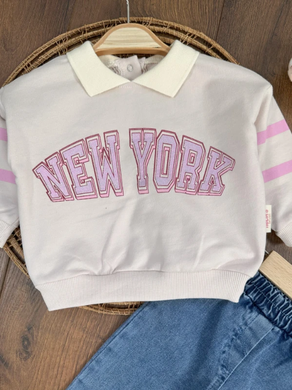 New York Polo Yaka Sweatshirt Likralı Kot Pantolon Kız Bebek Alt-Üst Takım