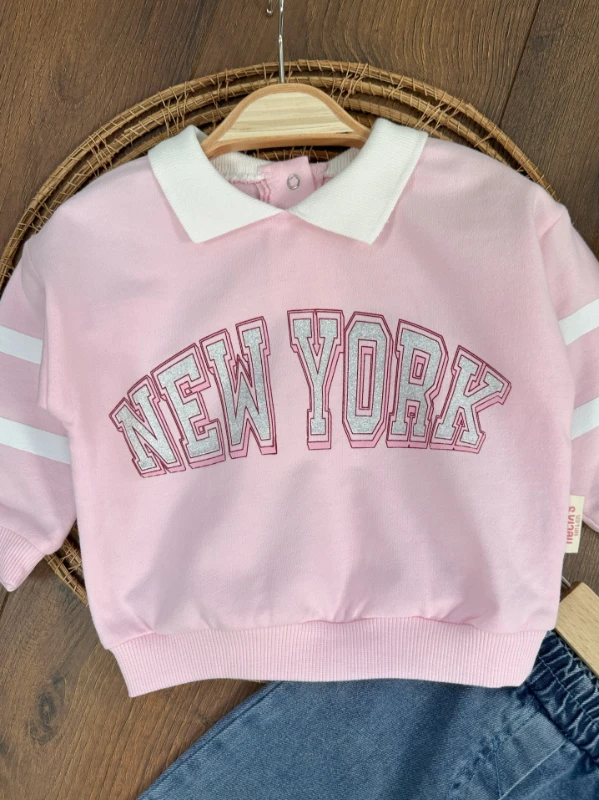 New York Polo Yaka Sweatshirt Likralı Kot Pantolon Kız Bebek Alt-Üst Takım
