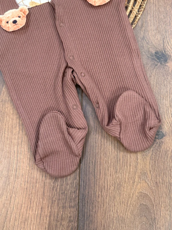 Kaşkorse Esnek Papyonlu Ayıcık Figürlü Patikli Çıtçıtlı Erkek Bebek Tulum