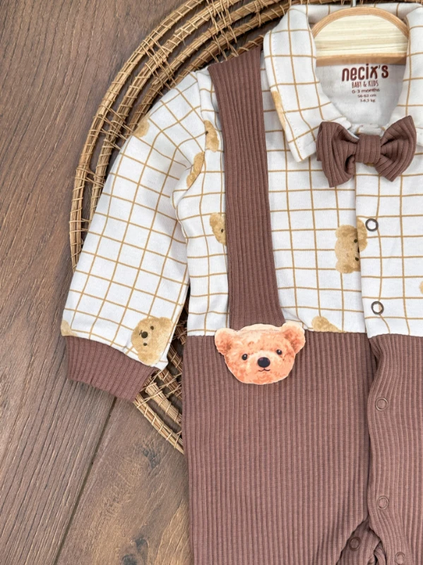 Kaşkorse Esnek Papyonlu Ayıcık Figürlü Patikli Çıtçıtlı Erkek Bebek Tulum