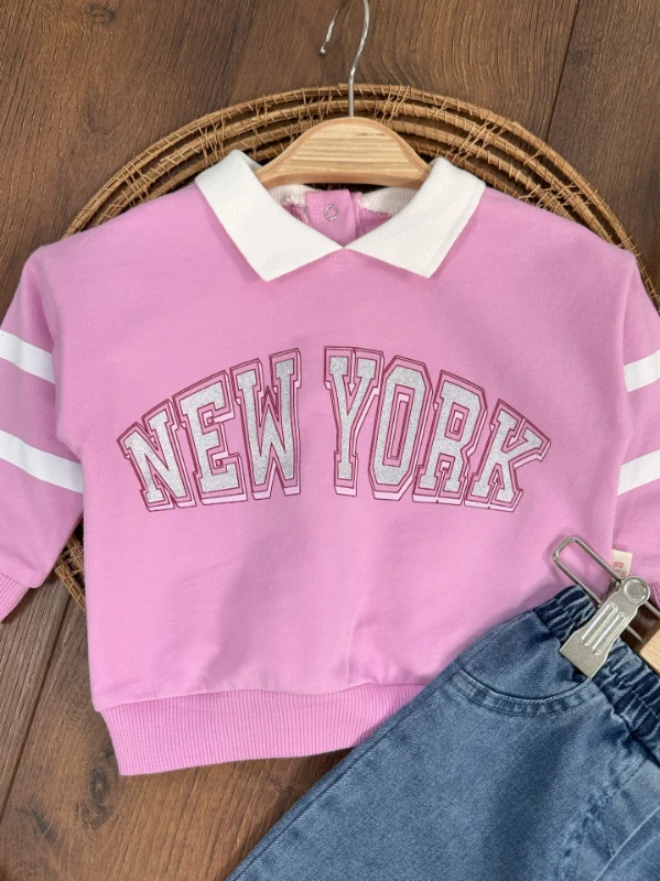 New York Polo Yaka Sweatshirt Likralı Kot Pantolon Kız Bebek Alt-Üst Takım