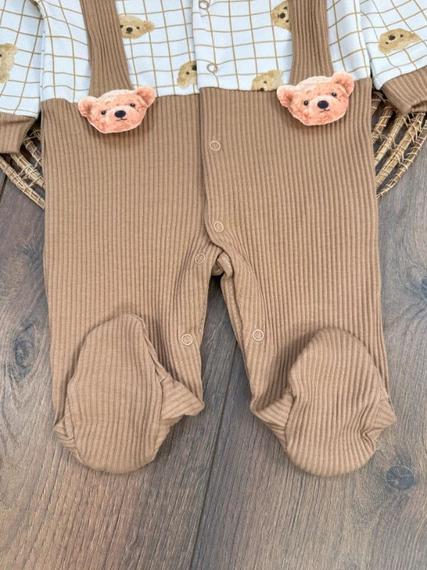 Kaşkorse Esnek Papyonlu Ayıcık Figürlü Patikli Çıtçıtlı Erkek Bebek Tulum