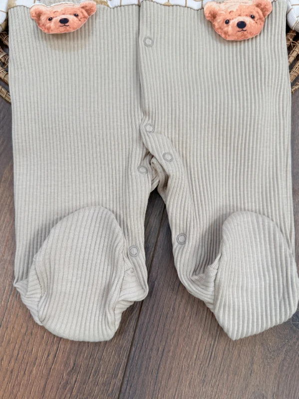 Kaşkorse Esnek Papyonlu Ayıcık Figürlü Patikli Çıtçıtlı Erkek Bebek Tulum