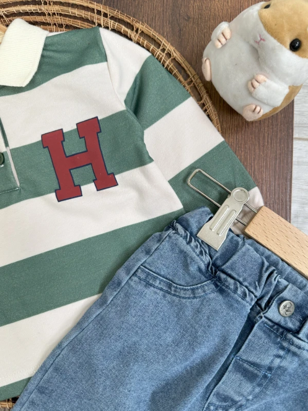 Polo Yaka Sweatshirt Likralı Kot Pantolon 2li Erkek Bebek Takımı 