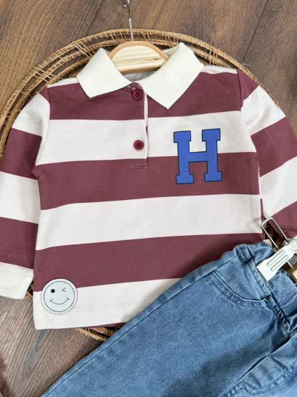 Polo Yaka Sweatshirt Likralı Kot Pantolon 2li Erkek Bebek Takımı 