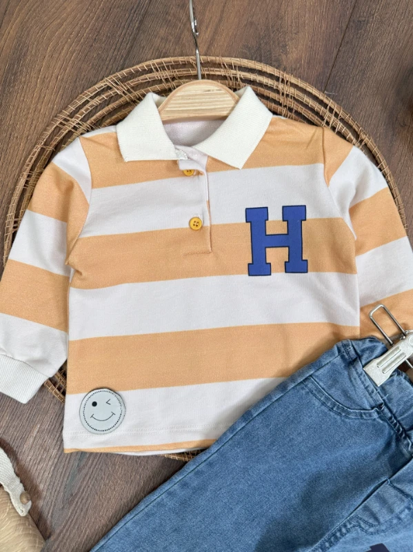 Polo Yaka Sweatshirt Likralı Kot Pantolon 2li Erkek Bebek Takımı 