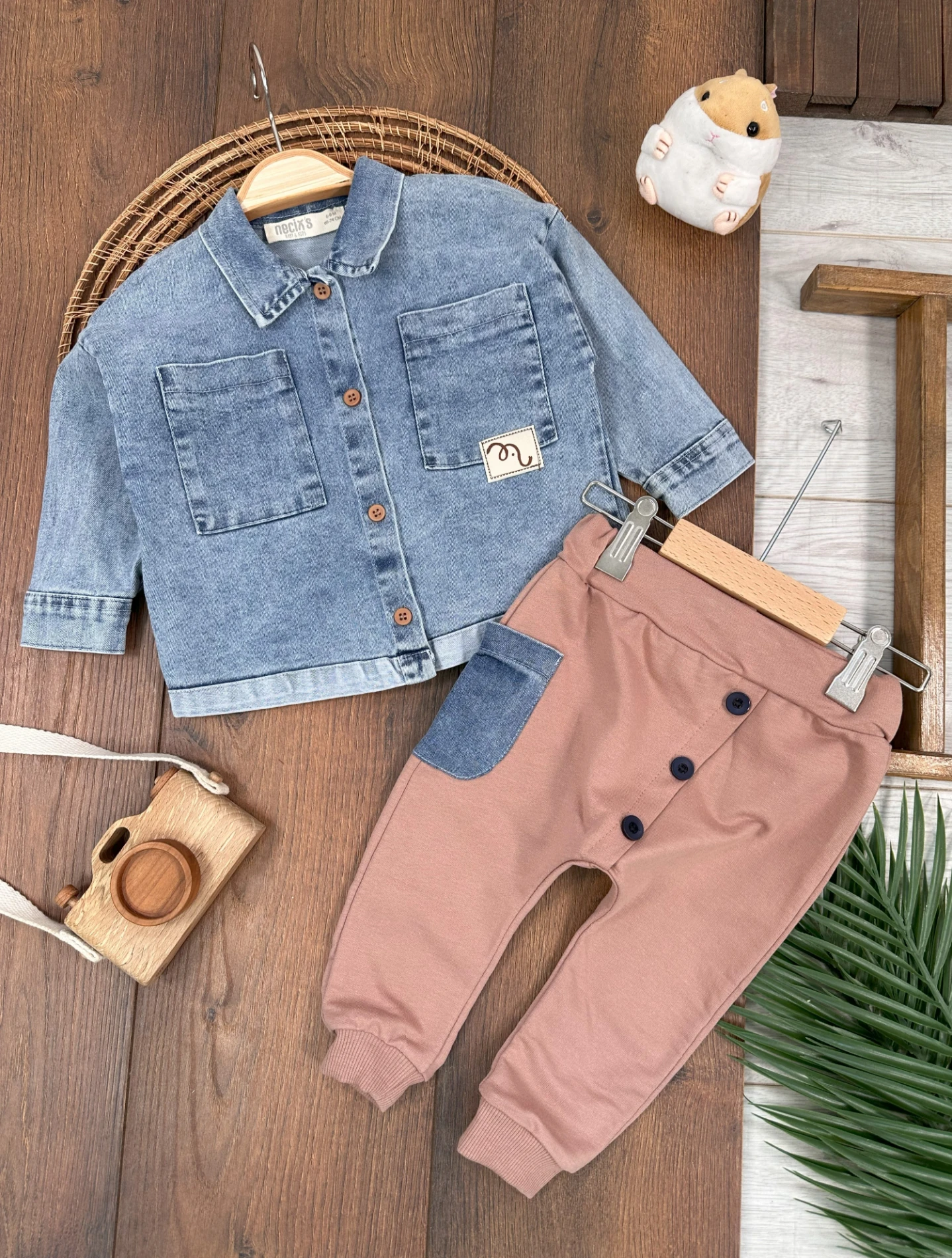 Likralı Çift Cep Kot Gömlek Düğme Detaylı Pantolon Mevsimlik Erkek Bebek Takım - KAHVE