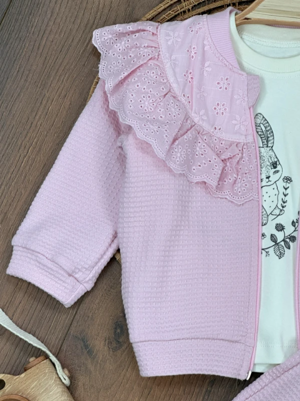 Güpürlü Fistolu Fermuarlı Tavşan Baskılı Badi 3lü Kız Bebek Takım