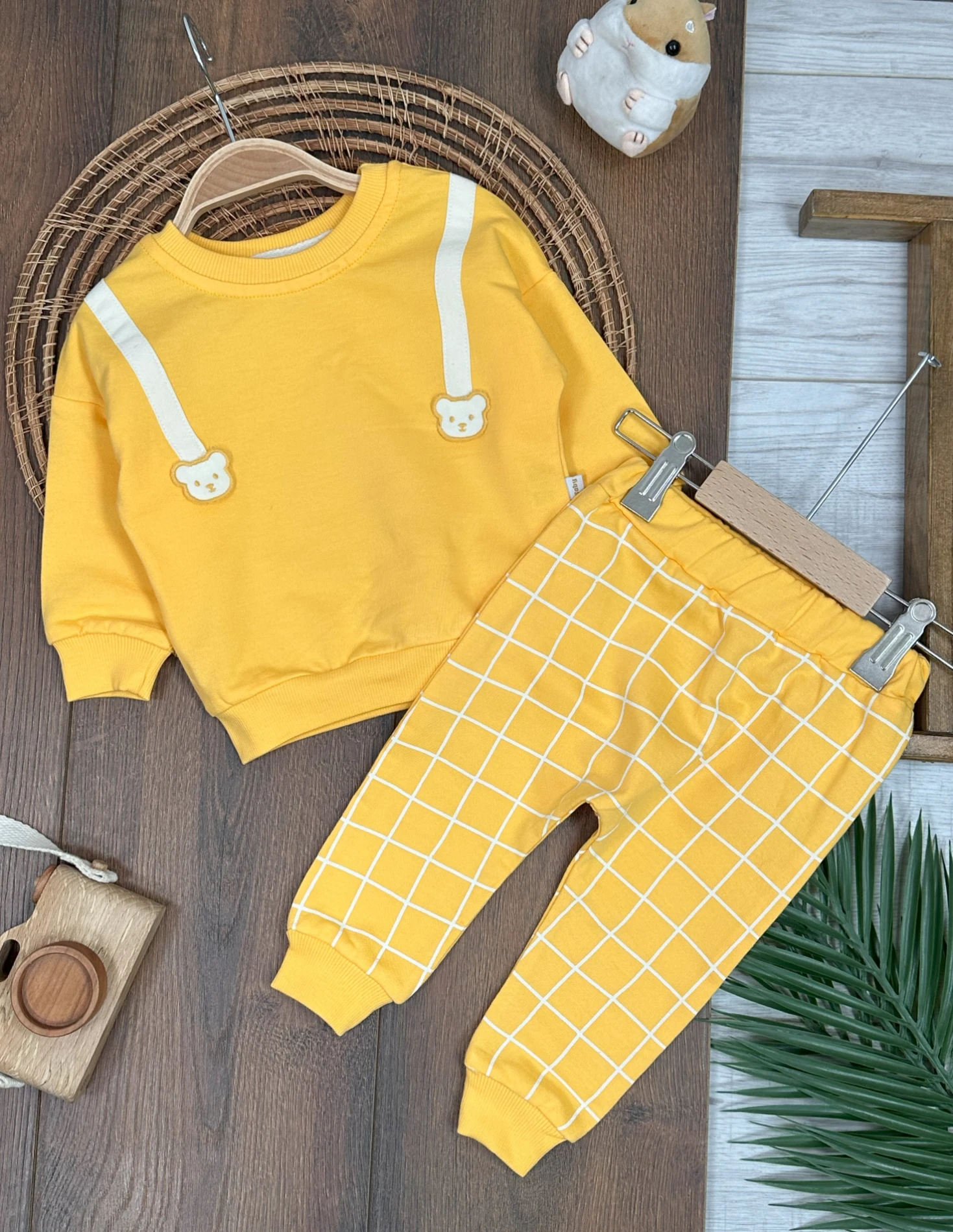 Ayıcık Figürlü Ekose Desen Erkek Bebek Takım