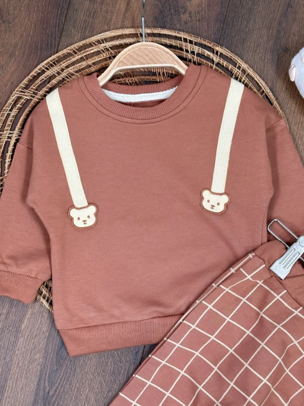 Ayıcık Figürlü Ekose Desen Erkek Bebek Takım