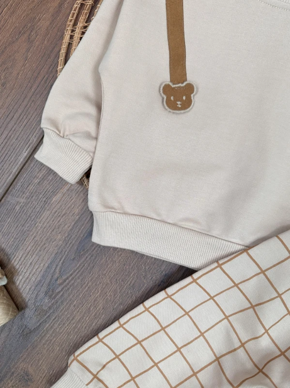 Ayıcık Figürlü Ekose Desen Erkek Bebek Takım