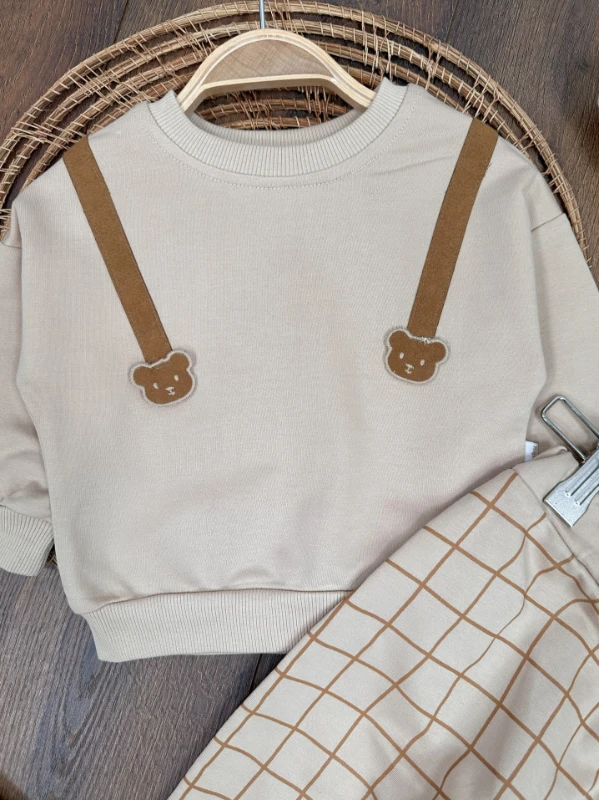 Ayıcık Figürlü Ekose Desen Erkek Bebek Takım