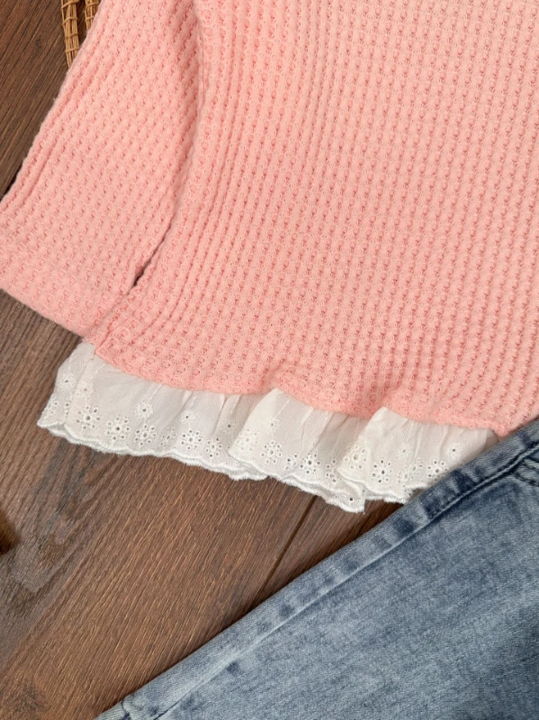  Nakışlı Bandanalı Likralı Kot Pantolon Kemer Ayarlı Kız Bebek Takım