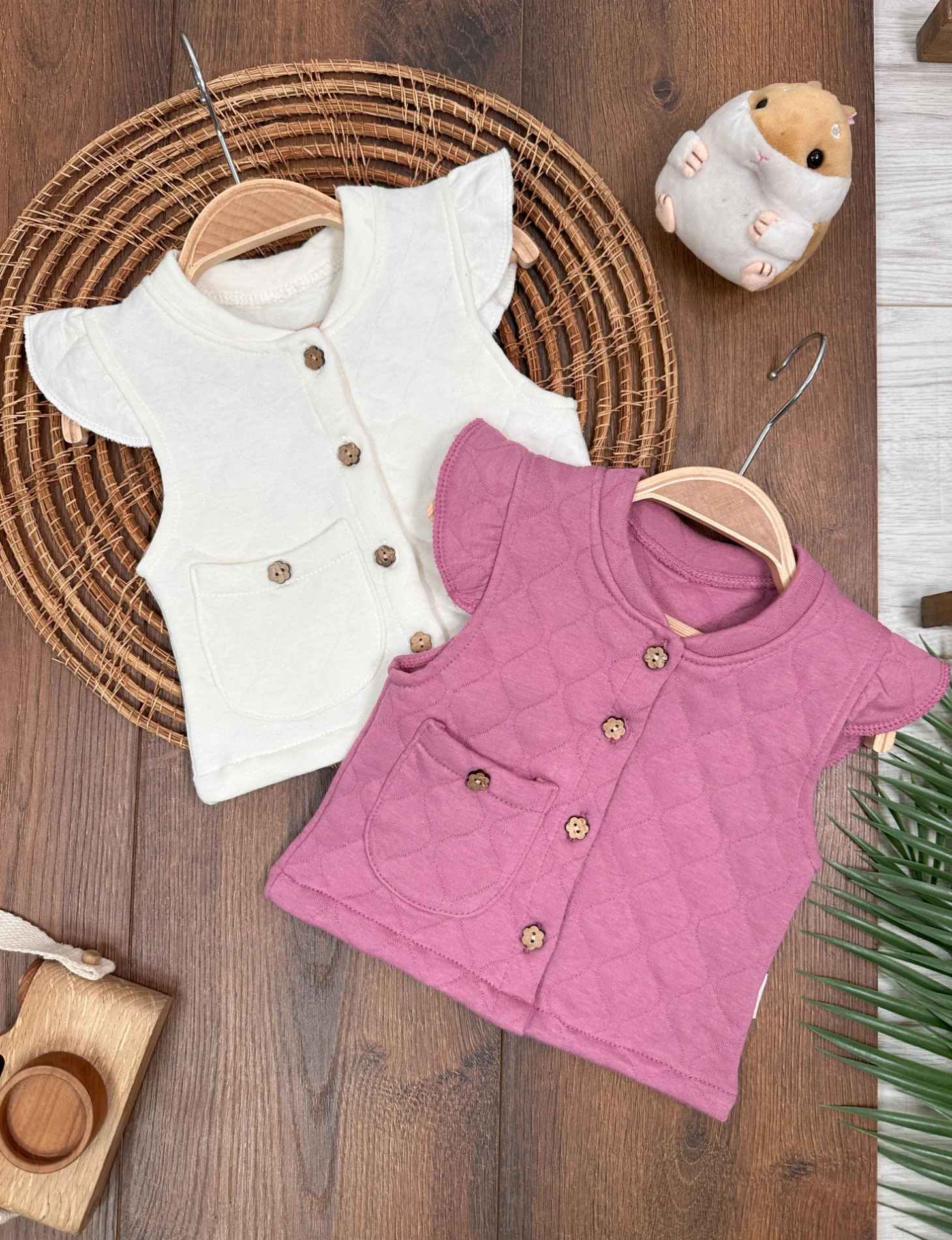  %100 Organik Pamuk Yıldız Desen Mevsimlik Kız Bebek Yelek 2li Set