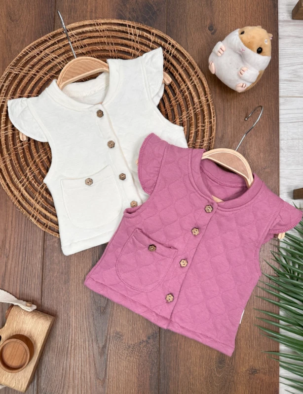  %100 Organik Pamuk Yıldız Desen Mevsimlik Kız Bebek Yelek 2li Set