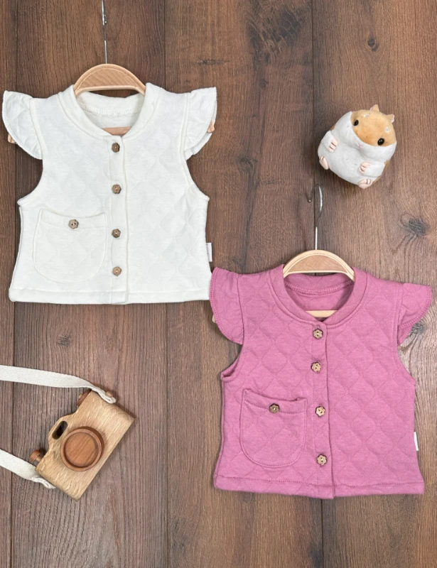  %100 Organik Pamuk Yıldız Desen Mevsimlik Kız Bebek Yelek 2li Set