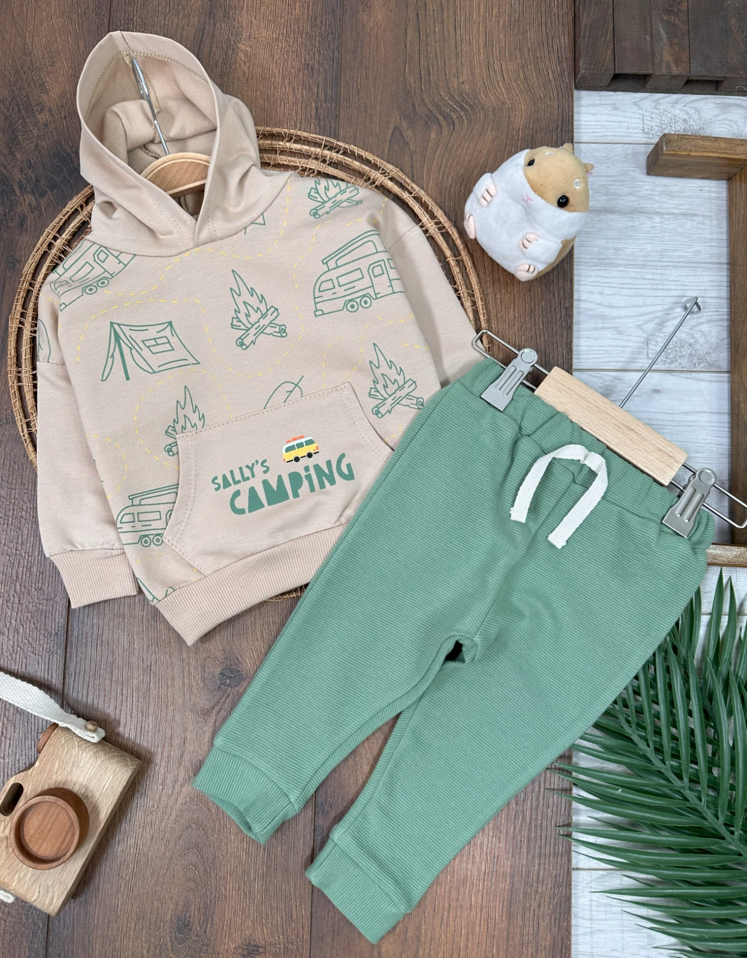 Camping Kapüşonlu Kanguru Cep 2li Erkek Bebek Takım